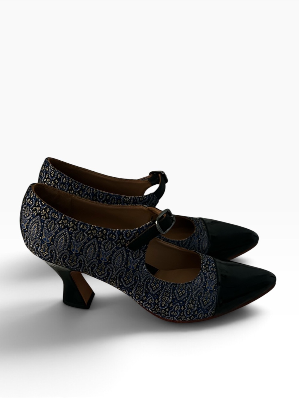 John Fluevog Malala Tapestry Mary Jane Heels - Black/Blue Paisley Size 9
